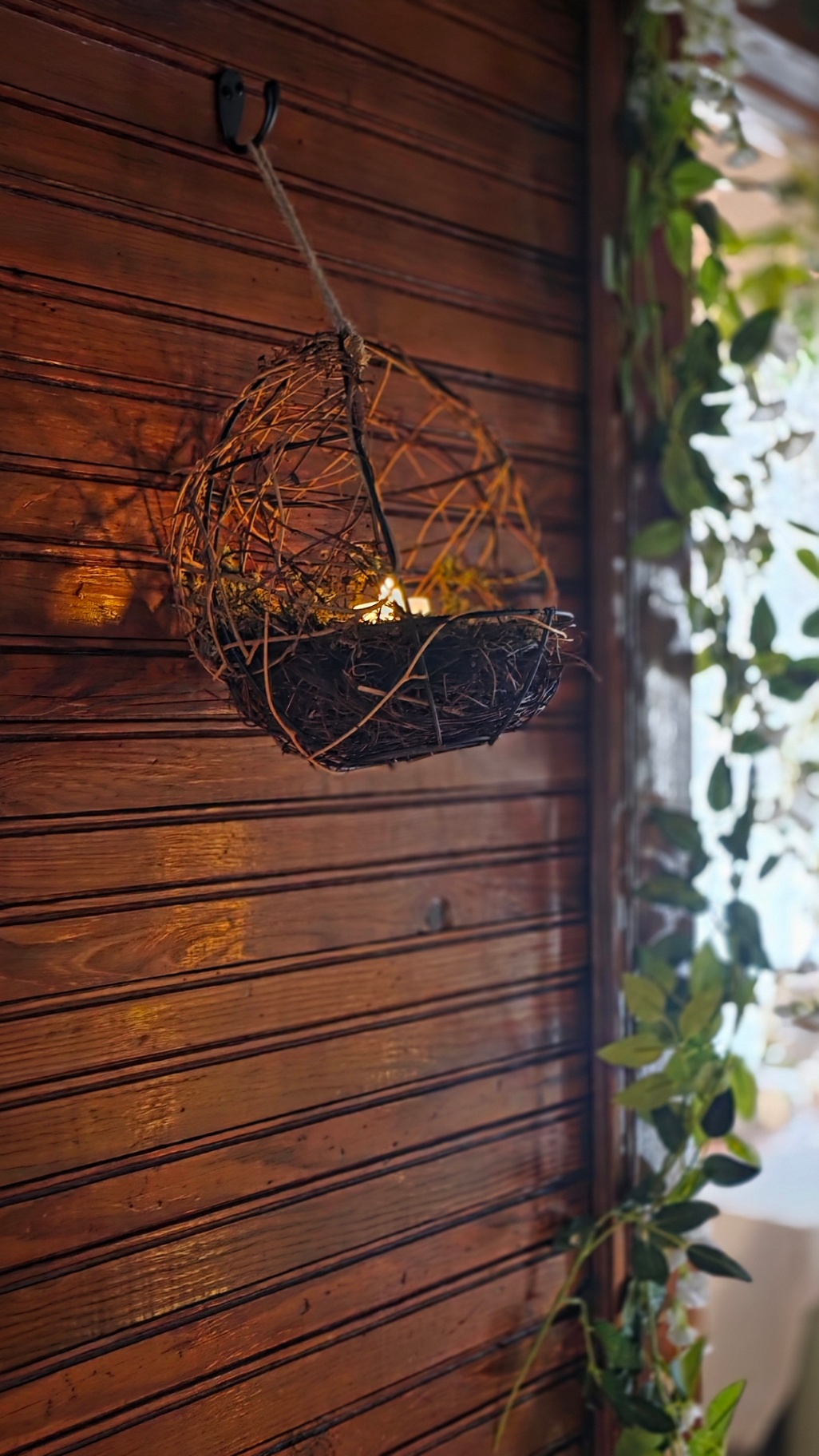 Hanging nest lantern on warm wood wall