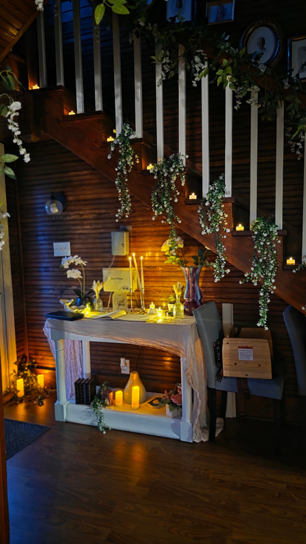 Cozy staircase with candles and florals